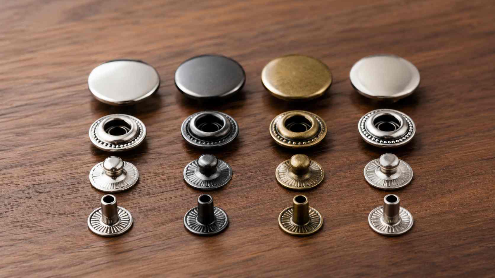 replacement snaps, Replacement snaps in silver, black, and brass finishes are arranged in complete component sets on a wooden surface.